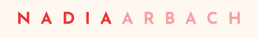 Nadia Arbach brand logo - a logo with the name Nadia in red and Arbach in pink, on a cream-coloured background